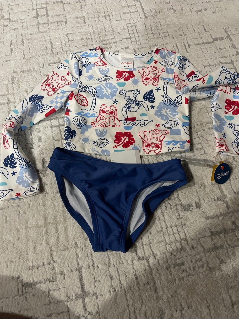 Disney White Long Sleeve Rash Guard with Blue Bikini Bottoms